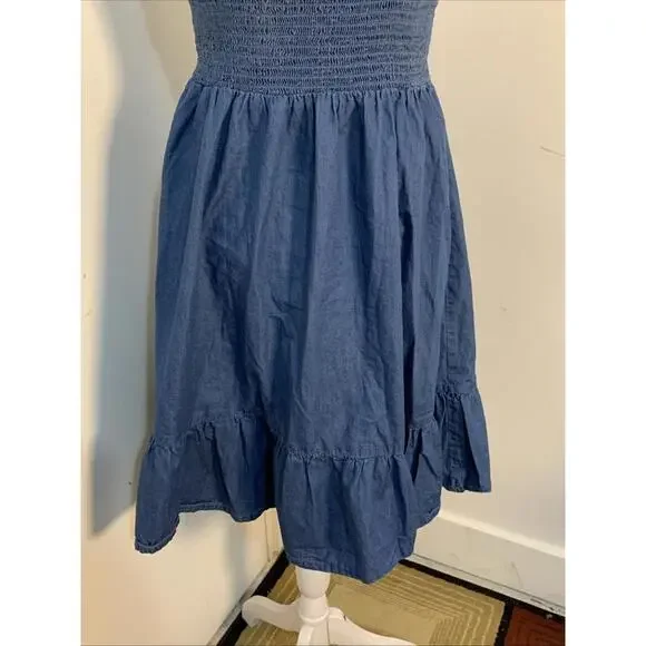 Japna Chambray Smocked Blue Sundress Midi Prairie Ruffle Hem Cottage Small Excel - Picture 10 of 13